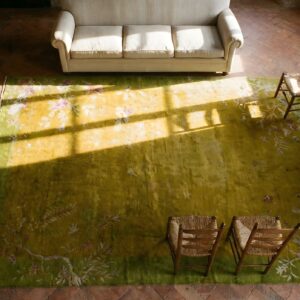 Antique Nichols Workshop Chinese Art Deco Carpet Large Room Size Wool Yellow Rug (SKU 24590) - styled overhead view