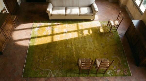 Antique nichols workshop chinese art deco carpet large room size wool yellow rug (sku 24590) - styled overhead view