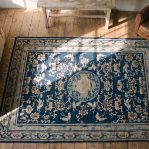 Antique Ningxia Chinese Knotted Rug (SKU 17549) - styled overhead view