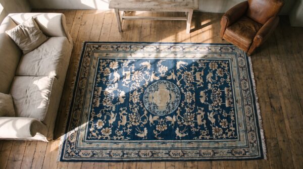 Antique ningxia chinese knotted rug 2 Antique ningxia chinese knotted rug (sku 17549) - styled overhead view
