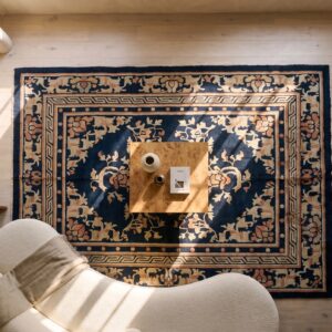 Antique Ningxia Chinese Allover Floral Knotted Rug (SKU 24658) - styled overhead view
