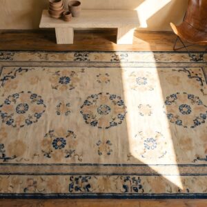 Antique Ningxia Chinese Allover Floral Ivory 1840s Rug (SKU 22905) - styled overhead view
