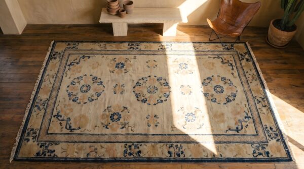 Antique ningxia chinese allover floral ivory 1840s rug 2 Antique ningxia chinese allover floral ivory 1840s rug (sku 22905) - styled overhead view