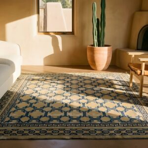 Antique Ningxia Chinese Allover Geometric Hand Knotted 17th Century Rug (SKU 24056) - styled overhead view