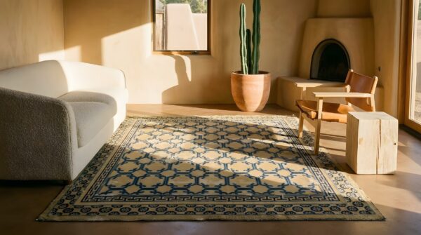 Antique ningxia chinese allover geometric hand knotted 17th century rug (sku 24056) - styled overhead view