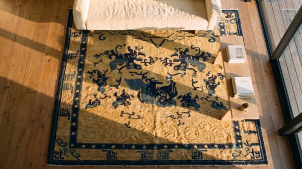Antique ningxia chinese allover ivory 1850s rug 2 Antique ningxia chinese allover ivory 1850s rug (sku 24663) - styled overhead view