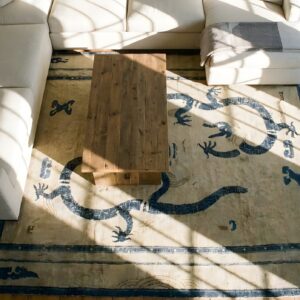 Antique Ningxia Chinese Allover Ivory Color 1880s Dragon Design Rug (SKU 23704) - styled overhead view