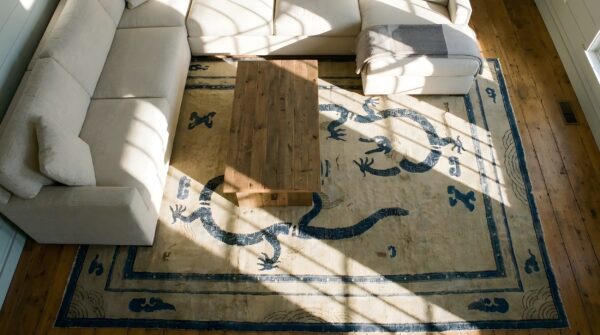 Antique ningxia chinese allover ivory color 1880s dragon design rug (sku 23704) - styled overhead view