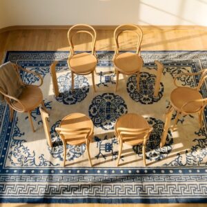 Antique Ningxia Chinese Allover Medallion Knotted Rug (SKU 24171) - styled overhead view