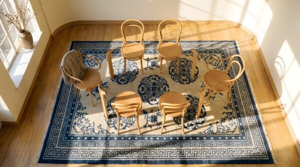 Antique ningxia chinese allover medallion knotted rug 2 Antique ningxia chinese allover medallion knotted rug (sku 24171) - styled overhead view