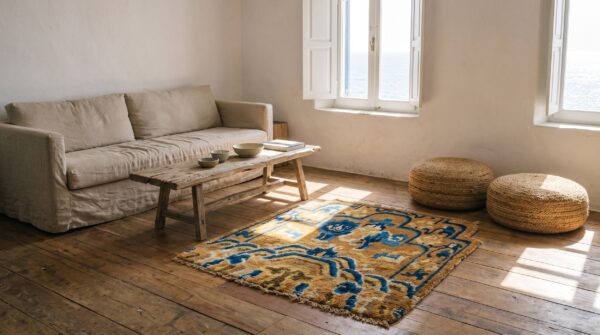 Antique ningxia chinese allover yellow 1800s square rug 9 Antique ningxia chinese allover yellow 1800s square rug (sku 22853) - room view
