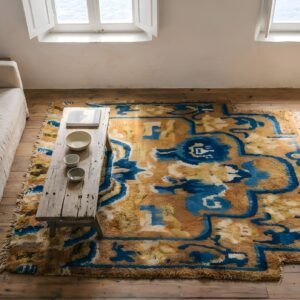 Antique Ningxia Chinese Allover Yellow 1800s Square Rug (SKU 22853) - styled overhead view