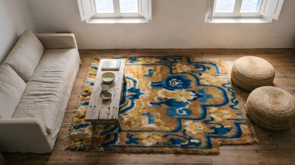 Antique ningxia chinese allover yellow 1800s square rug 2 Antique ningxia chinese allover yellow 1800s square rug (sku 22853) - styled overhead view