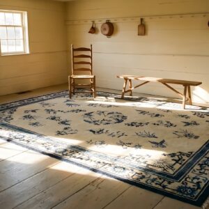 Antique Ningxia Chinese Floral, Medallion Ivory 1880s Rug (SKU 24164) - styled overhead view