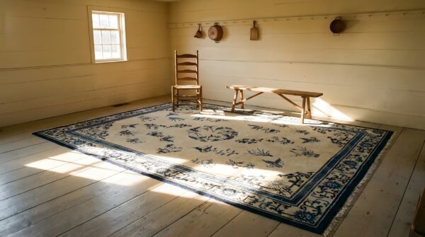 Antique ningxia chinese floral, medallion ivory 1880s rug 2 Antique ningxia chinese floral, medallion ivory 1880s rug (sku 24164) - styled overhead view
