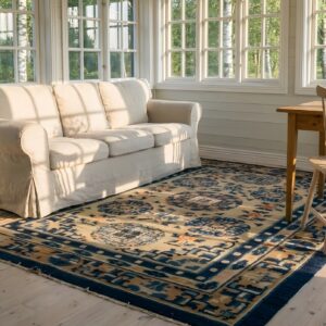 Antique Ningxia Chinese Geometric Knotted Rug (SKU 24386) - styled overhead view