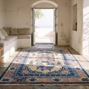 Antique Ningxia Chinese Geometric Medallion Hand Knotted Pile Rug (SKU 21619) - room view