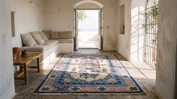 Antique ningxia chinese geometric medallion hand knotted pile rug (sku 21619) - room view