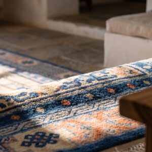 Antique Ningxia Chinese Geometric Medallion Hand Knotted Pile Rug (SKU 21619) - in-room detail