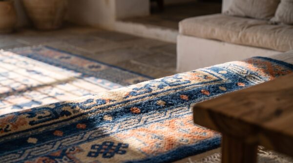 Antique ningxia chinese geometric medallion hand knotted pile rug (sku 21619) - in-room detail