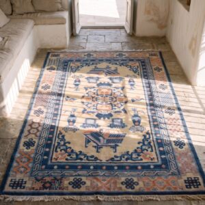Antique Ningxia Chinese Geometric Medallion Hand Knotted Pile Rug (SKU 21619) - styled overhead view