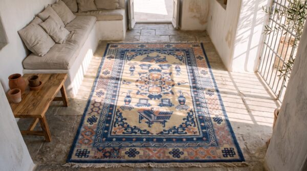 Antique ningxia chinese geometric medallion hand knotted pile rug (sku 21619) - styled overhead view