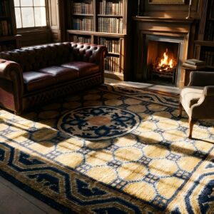Antique Ningxia Chinese Geometric Yellow 1825 Square Rug (SKU 23922) - room view