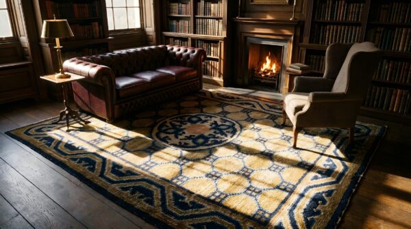 Antique ningxia chinese geometric yellow 1825 square rug 6 Antique ningxia chinese geometric yellow 1825 square rug (sku 23922) - room view