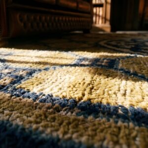 Antique Ningxia Chinese Geometric Yellow 1825 Square Rug (SKU 23922) - in-room detail