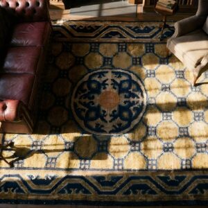 Antique Ningxia Chinese Geometric Yellow 1825 Square Rug (SKU 23922) - styled overhead view