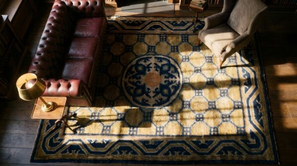 Antique ningxia chinese geometric yellow 1825 square rug 2 Antique ningxia chinese geometric yellow 1825 square rug (sku 23922) - styled overhead view