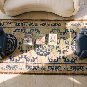 Antique Ningxia Chinese Medallion Beige 1775 Hallway Runner Rug (SKU 24196) - styled overhead view