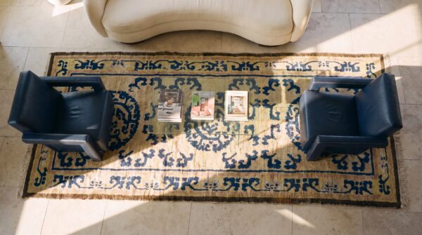 Antique ningxia chinese medallion beige 1775 hallway runner rug 2 Antique ningxia chinese medallion beige 1775 hallway runner rug (sku 24196) - styled overhead view