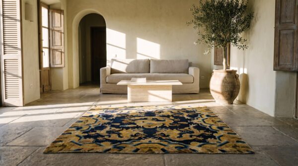 Antique ningxia chinese medallion square hand knotted pile rug 6 Antique ningxia chinese medallion square hand knotted pile rug (sku 22074) - room view