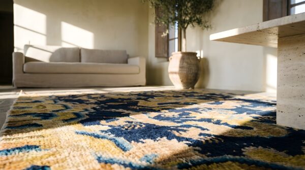 Antique ningxia chinese medallion square hand knotted pile rug 7 Antique ningxia chinese medallion square hand knotted pile rug (sku 22074) - in-room detail
