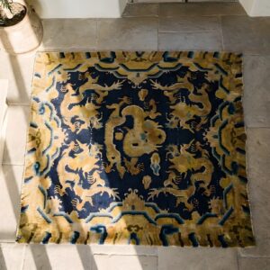 Antique Ningxia Chinese Medallion Square Hand Knotted Pile Rug (SKU 22074) - styled overhead view