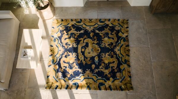 Antique ningxia chinese medallion square hand knotted pile rug 2 Antique ningxia chinese medallion square hand knotted pile rug (sku 22074) - styled overhead view