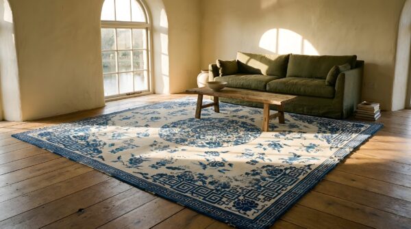 Antique ningxia chinese medallion knotted square rug 10 Antique ningxia chinese medallion knotted square rug (sku 24045) - room view