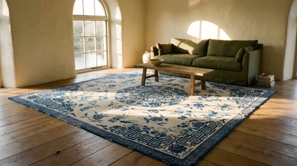 Antique ningxia chinese medallion knotted square rug 11 Antique ningxia chinese medallion knotted square rug (sku 24045) - in-room detail