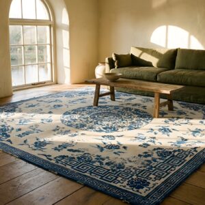 Antique Ningxia Chinese Medallion Knotted Square Rug (SKU 24045) - styled overhead view