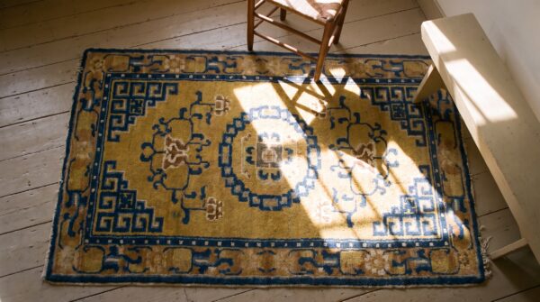 Antique ningxia chinese medallion yellow 1800s rug (sku 23590) - styled overhead view