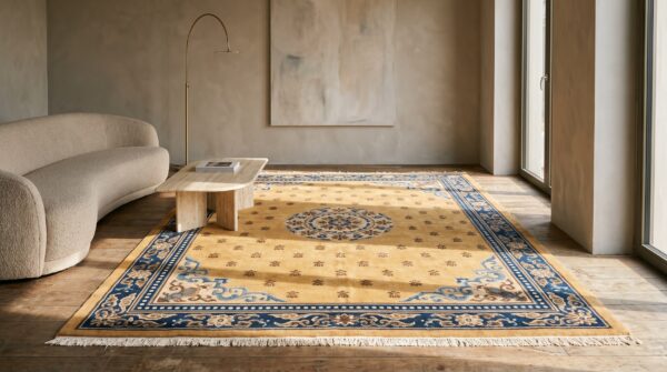 Antique ningxia chinese wool yellow hand knotted pile rug 7 Antique ningxia chinese wool yellow hand knotted pile rug (sku 22774) - room view
