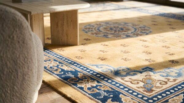 Antique ningxia chinese wool yellow hand knotted pile rug 8 Antique ningxia chinese wool yellow hand knotted pile rug (sku 22774) - in-room detail