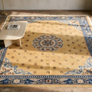 Antique Ningxia Chinese Wool Yellow Hand Knotted Pile Rug (SKU 22774) - styled overhead view