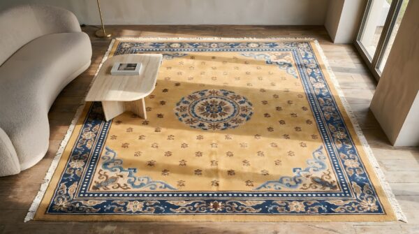 Antique ningxia chinese wool yellow hand knotted pile rug 2 Antique ningxia chinese wool yellow hand knotted pile rug (sku 22774) - styled overhead view