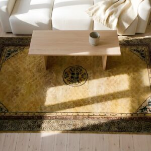 Antique Ningxia Hallway Runner Silk Yellow Rug (SKU 24198) - styled overhead view