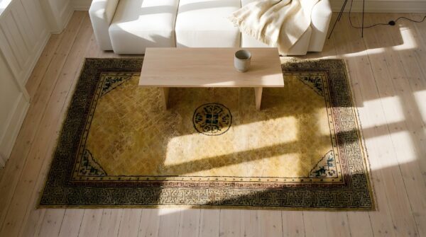 Antique ningxia hallway runner silk yellow rug 2 Antique ningxia hallway runner silk yellow rug (sku 24198) - styled overhead view