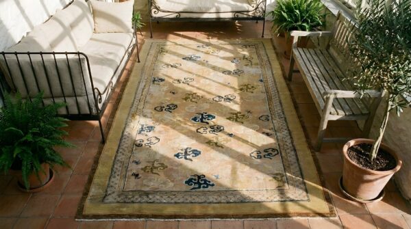 Antique ningxia room size wool brown, straw rug 2 Antique ningxia room size wool brown, straw rug (sku 24276) - styled overhead view