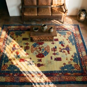 Antique Ningxia Room Size Wool Peach, Red / Rust Rug (SKU 23923) - styled overhead view
