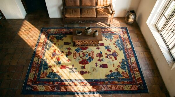 Antique ningxia room size wool peach, red / rust rug (sku 23923) - styled overhead view